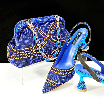 New Italian Pumps and Bag To Party 2024 INS Style Pointed-Toe Rhinestone Elegant High Heels Champagne Wedge for Women