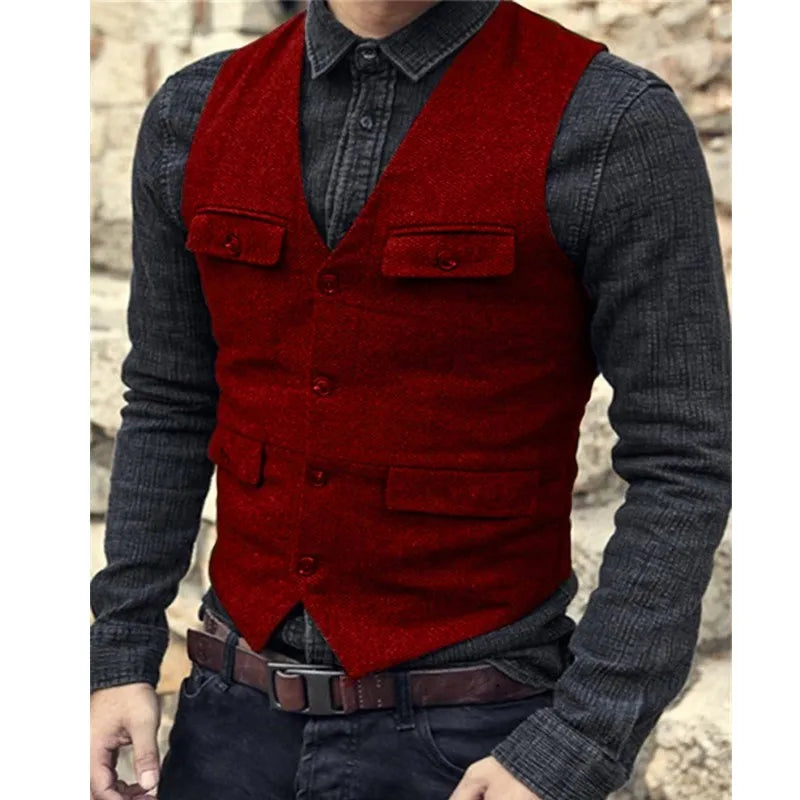 Men Vest V Neck Classic Steampunk Suit Wool Tweed Notch Lapel Thick Tweed For Wedding Groom Banquet Waistcoat