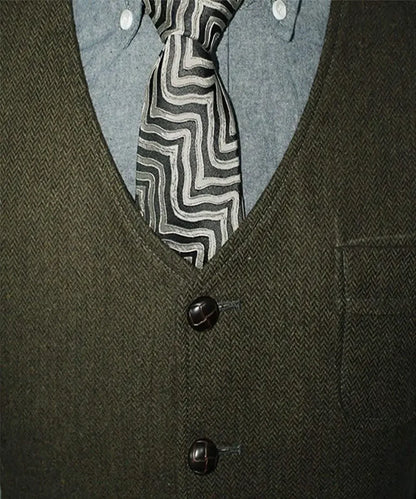 Men Vest Dark Green Herringbone Single Button V Neck With Pocket Waistcoat For Wedding Banquet Business Casual Work Men Suit