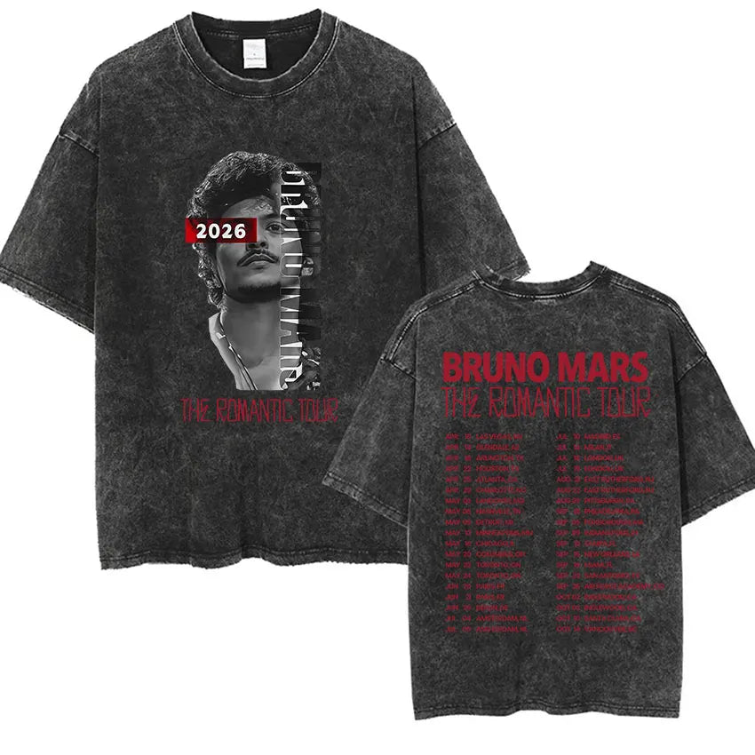 Bruno Mars The Romantic Tour 2026 Vintage Washed T Shirts Men's Women Punk Gothic Fashion Cotton Short Sleeve T-Shirt Streetwear