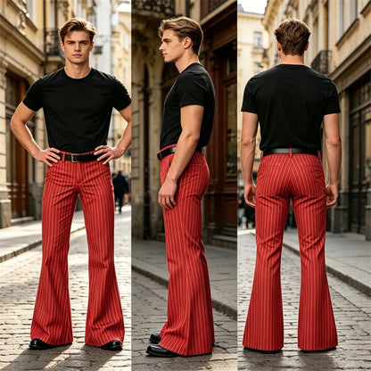Men's Polyester Blend High Waist Flared Pinstripe Pants Soft Breathable Disco Party Retro Stage Nightclub Spring Summer Trousers