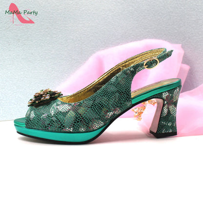Special Design New Coming INS Hot Sale African Women Shoes and Bag Set in Pink Color with Shinning Crystal for Party