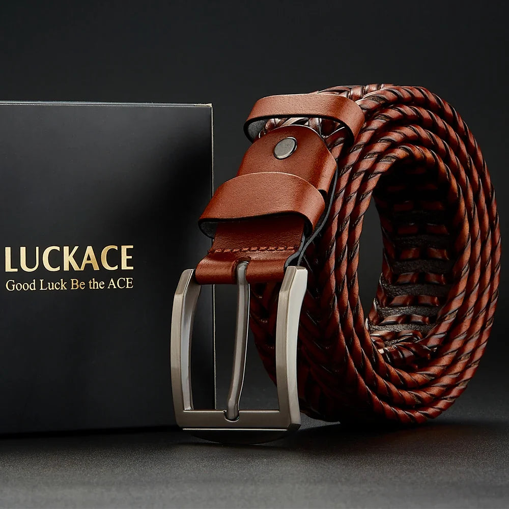 Genuine Leather Cowhide Casual Men's Belt, Trendy Knitted Belt With Alloy Buckle, Gift For Boyfriend/Husband/Father
