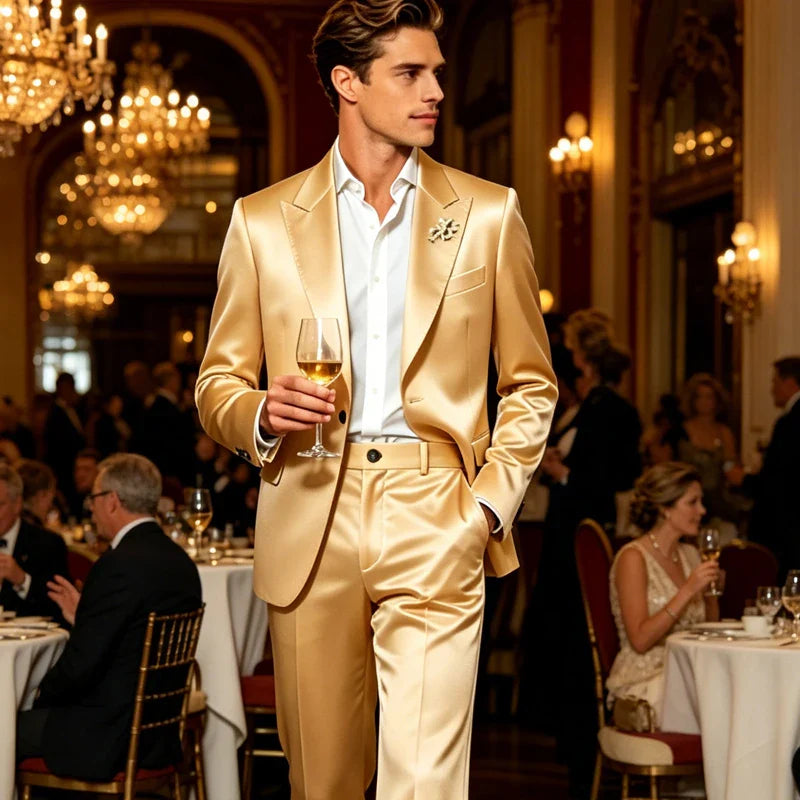 Luxury Men's Shiny Satin Suit 2 Piece Notch Lapel 1 button Jacket Wide Leg Flared Pants Wedding Groom Tuxedo Formal Party