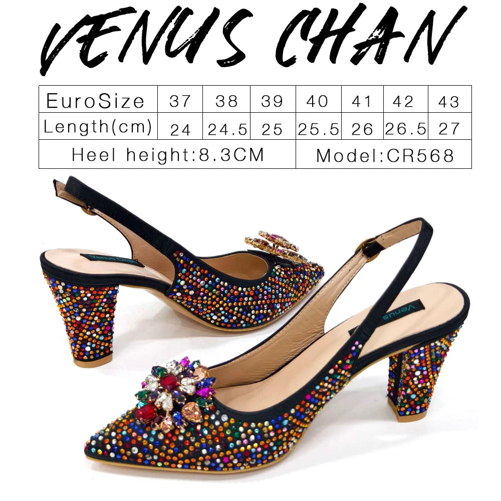 Elegant Woman Heel Shoes INS Style Pointed-Toe Rhinestone Pumps African Ladies Italian Shoe and Bag Set Designer 2024