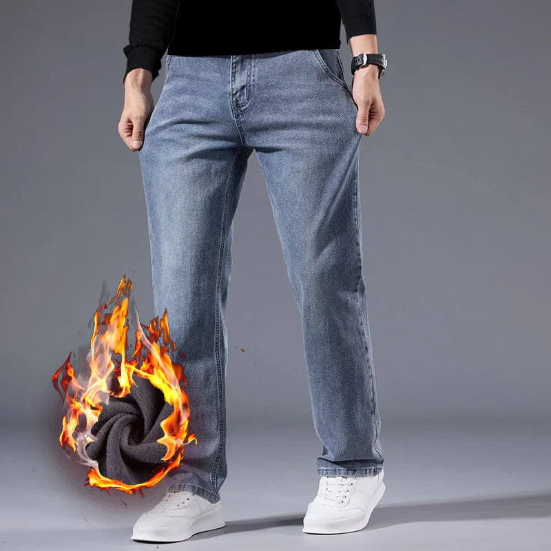 Men's loose straight leg jeans retro washed elastic casual pants suitable for all seasons versatile pants