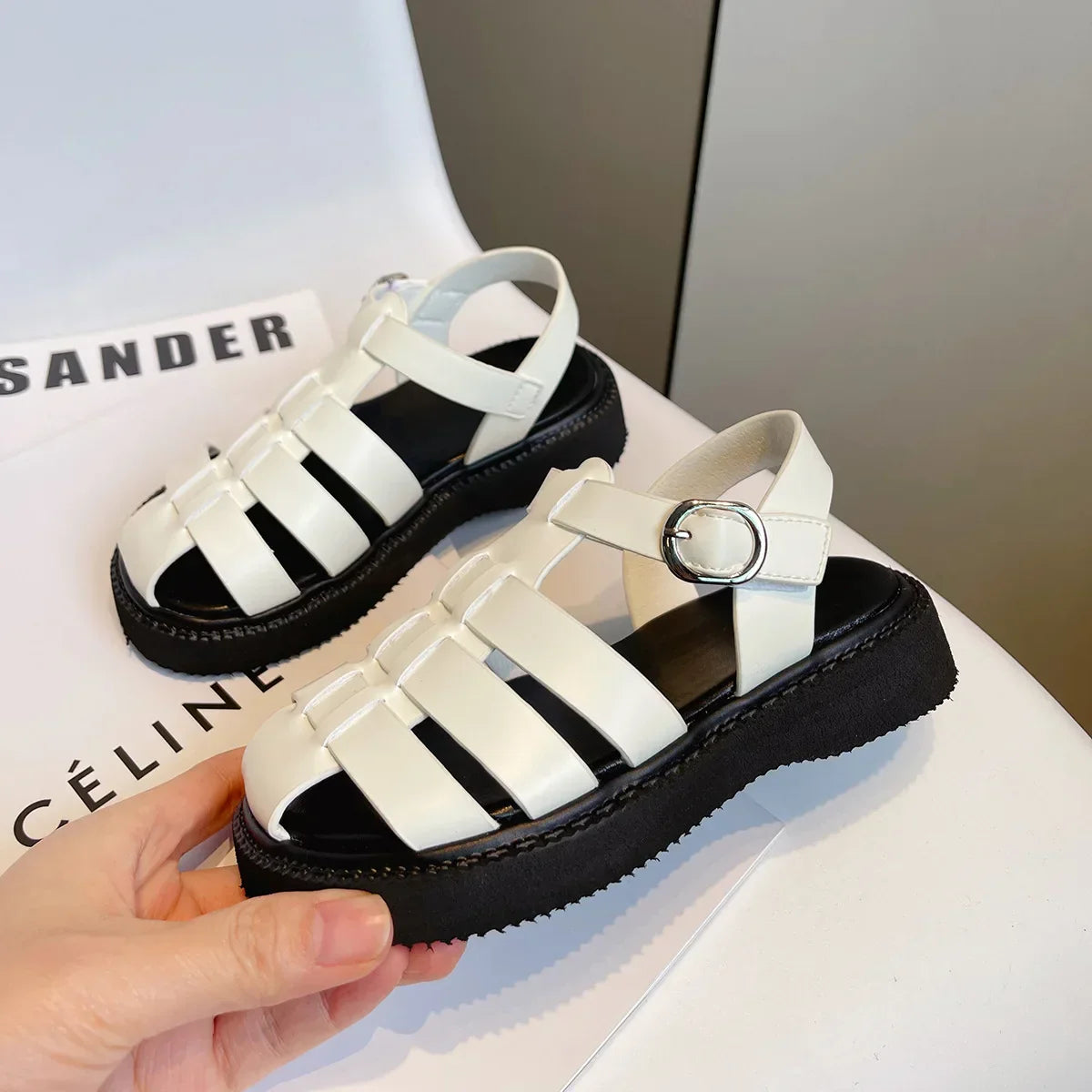 Children's Summer Sandals Girls Woven Baotou Princess Shoes Non-slip Hollow Roman Soft Sole Leather Shoes Buckle Roman Slippers