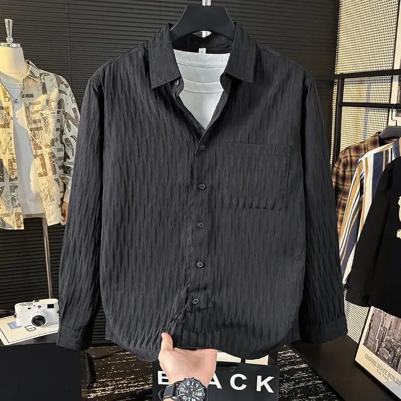 Casual Ice Silk Bubble Men's Anti-Wrinkle Summer Loose Fashionable Long Sleeve Shirt Urban Style Flip Collar Button Closure