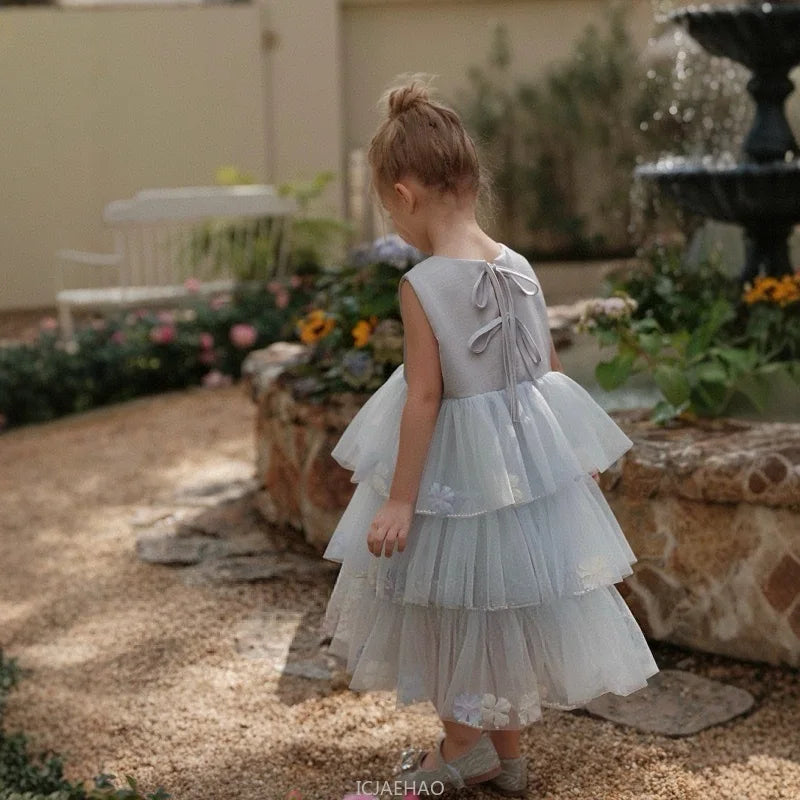 Girls Flower Tulle Cake Blue Pink Dress Princess Party Gown Dresses Kids Sleeveless Birthday Outfits Children Summer Costume