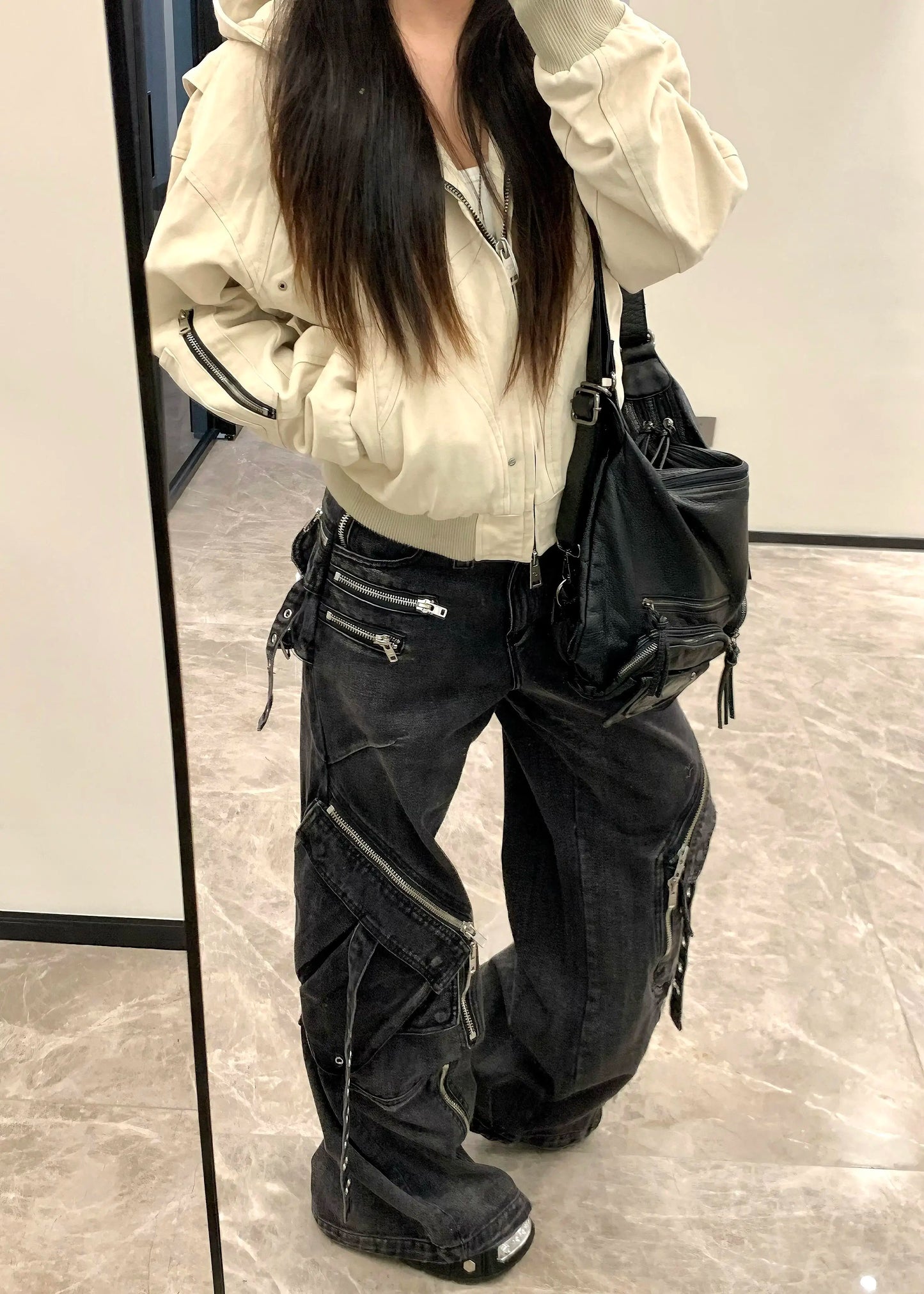 Black Gothic Punk Multi-Pocket Zipper Black Jeans Men And Women Y2K American Baggy Fashion Vintage Casual Loose Wide-Leg Jeans