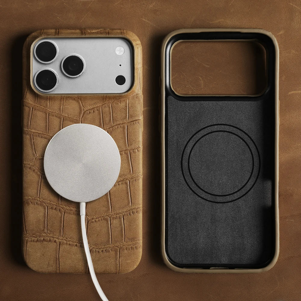 Magsafe Case For iphone 16 15 17 Pro Max Air 17e 16e 14 Plus 13 12 Mini 11 Crazy Horse Crocodile Genuine Leather Back Cover