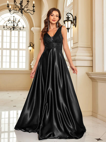 Elegant Sequins Evening Dress For Women 2024 Deep V-neck Satin Prom Party Green Dress Floor Length Blue Formal Gowns