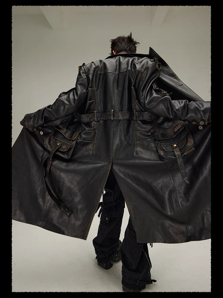 Spring Autumn Long  Distressed Black Pu Leather Trench Coat Men Belt Double Breasted Luxury European Fashion 2023