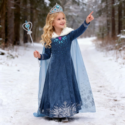 Blue Snowflake Princess Dress Winter Long Sleeve Fur Collar Snow Queen Costume Dress Girl Elsa New Year Christmas Party Clothes