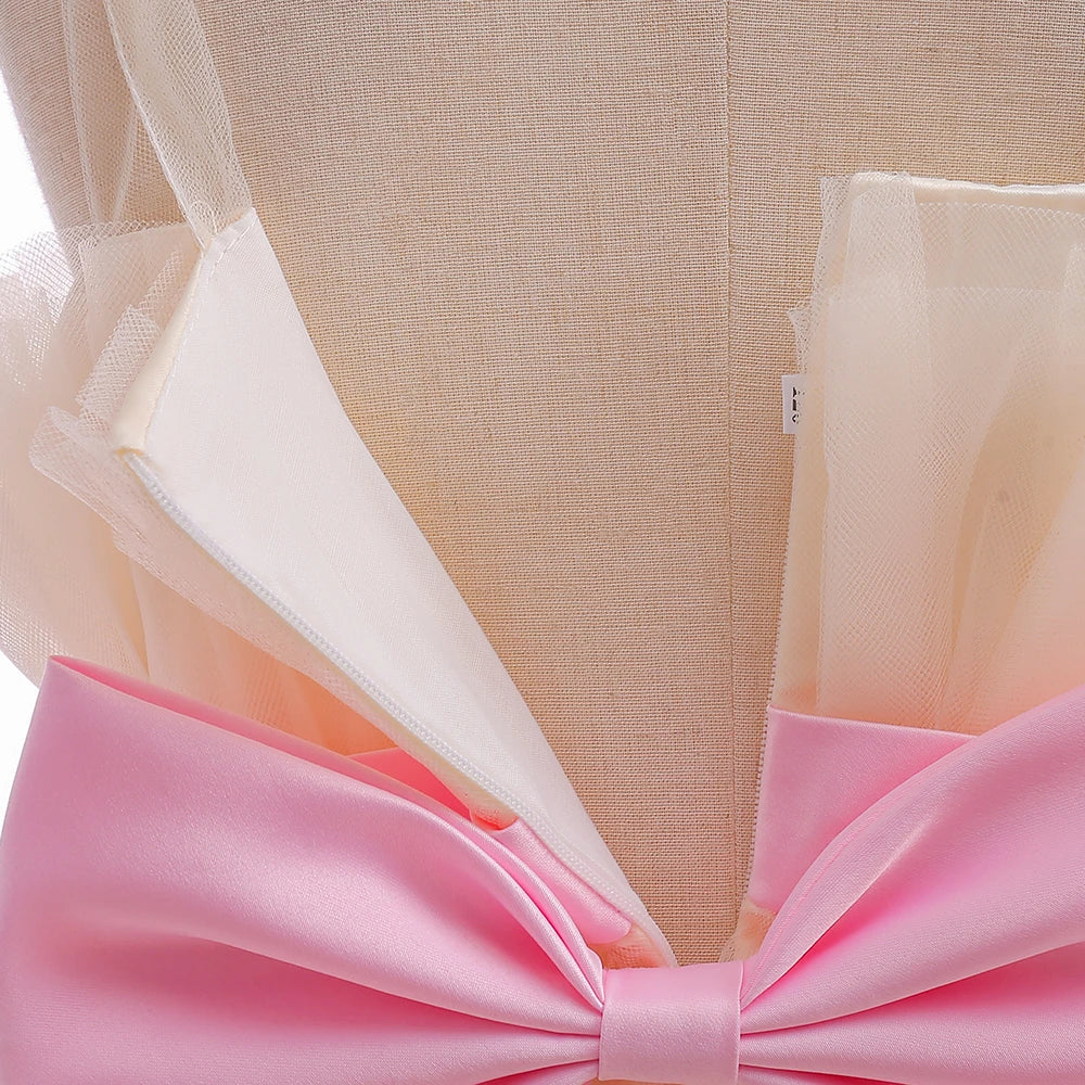 Elegant Ruffles Wedding Party Baby Girls Dress Tulle Pink Bow Bridemaid Princess Birthday Kids Dresses For Girl Evening Costumes
