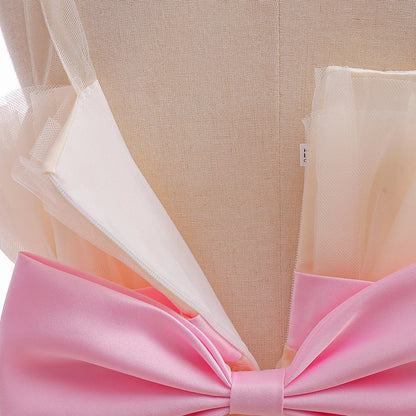 Elegant Ruffles Wedding Party Baby Girls Dress Tulle Pink Bow Bridemaid Princess Birthday Kids Dresses For Girl Evening Costumes