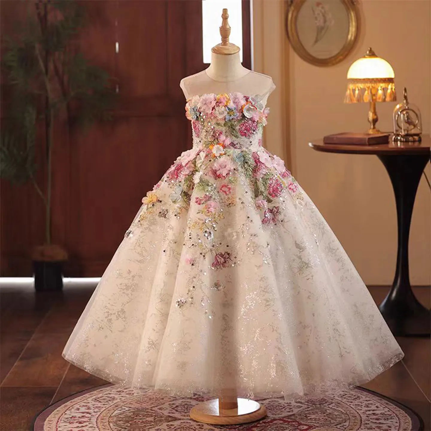 J292 Floral Luxury Long Handmade Flowers Beads Girl Dress for Princess Wedding Birthday Party Gowns vestidos de novia