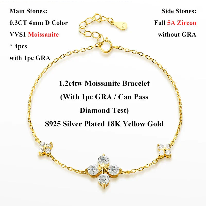 Lucky Clover GRA Certified 1.2cttw D Color Moissanite Diamond Bracelet for Women 925 Silver Plated 18k Hand Link Bracelets