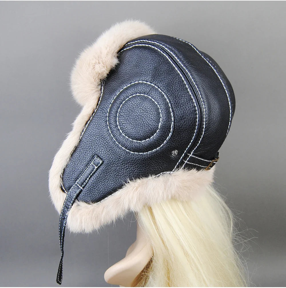 Hot Sale Winter Women's 100% Real Rabbit Fur Bomber Hat Ushanka Cap Trapper Russian Woman Ski Hats Caps Real Sheepskin Leather