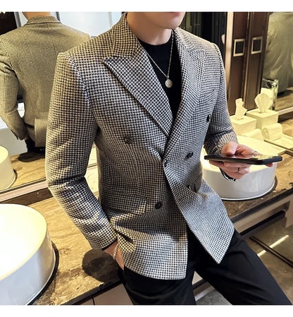 British Style Men Double Breasted Slim Fit Blazer 2024 New Houndstooth Slim Fit Suit Jacket Formal Business Wedding Dress Jacket