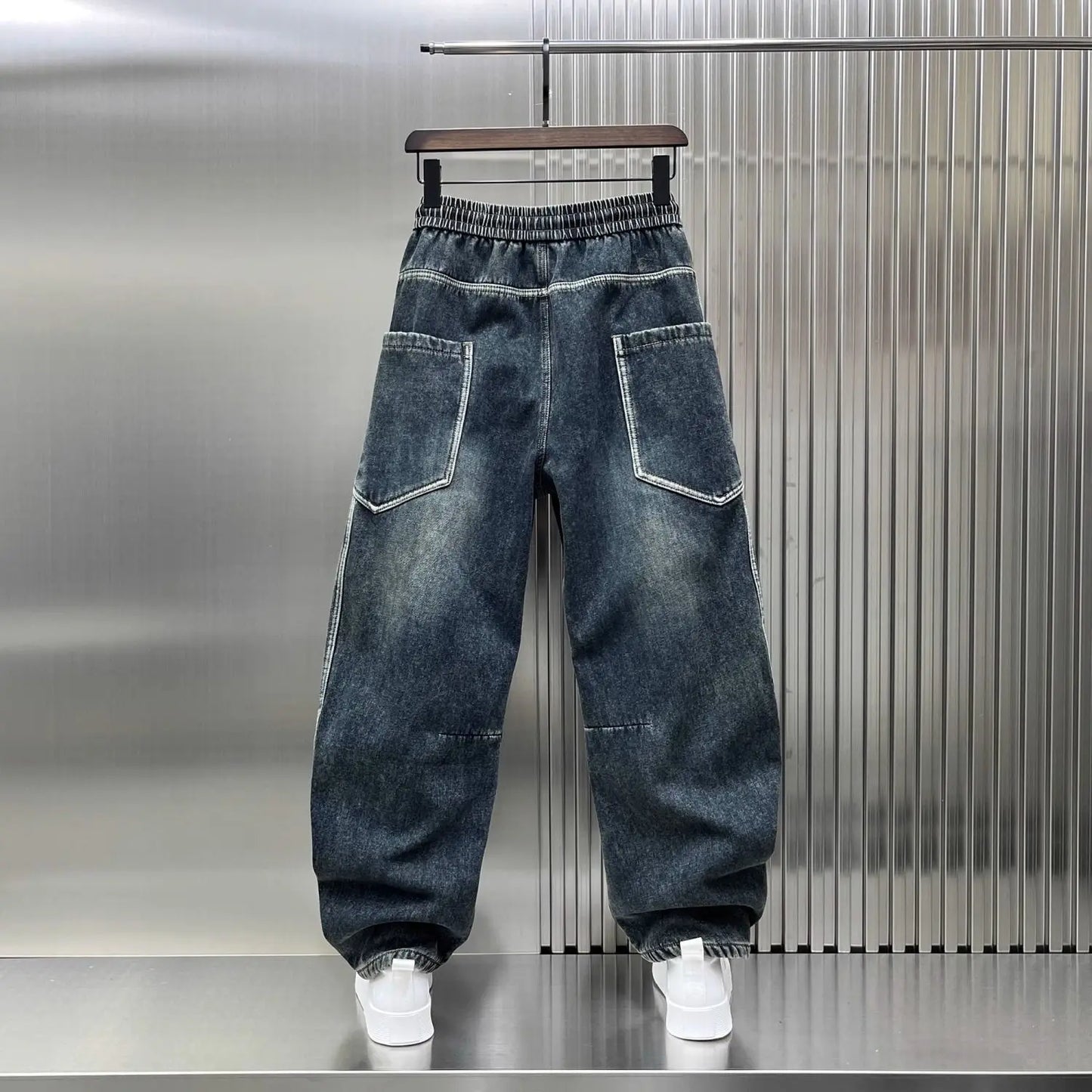 Spring Autumn 2025 New Splicing Cutting Elastic Waist Large Size Boys Washed Loose Wide Leg Big Pocket Scimitar Drawstring Jeans