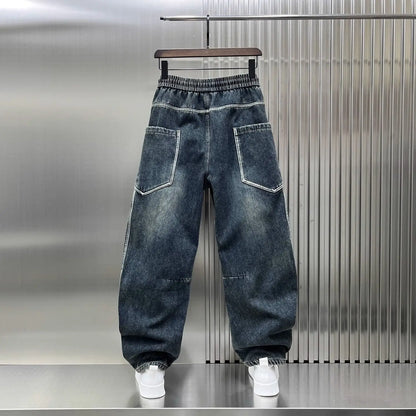 Spring Autumn 2025 New Splicing Cutting Elastic Waist Large Size Boys Washed Loose Wide Leg Big Pocket Scimitar Drawstring Jeans