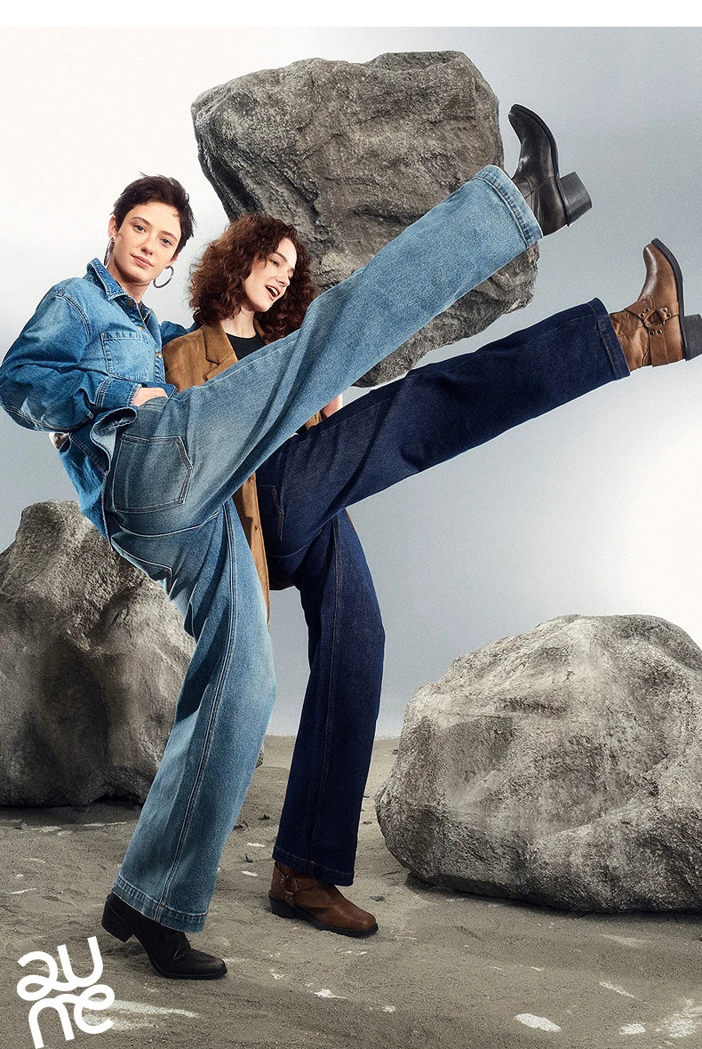 Women Denim Jeans 2025 Autumn New Lycra Stretch Washed Wide Leg Straight Long Pants