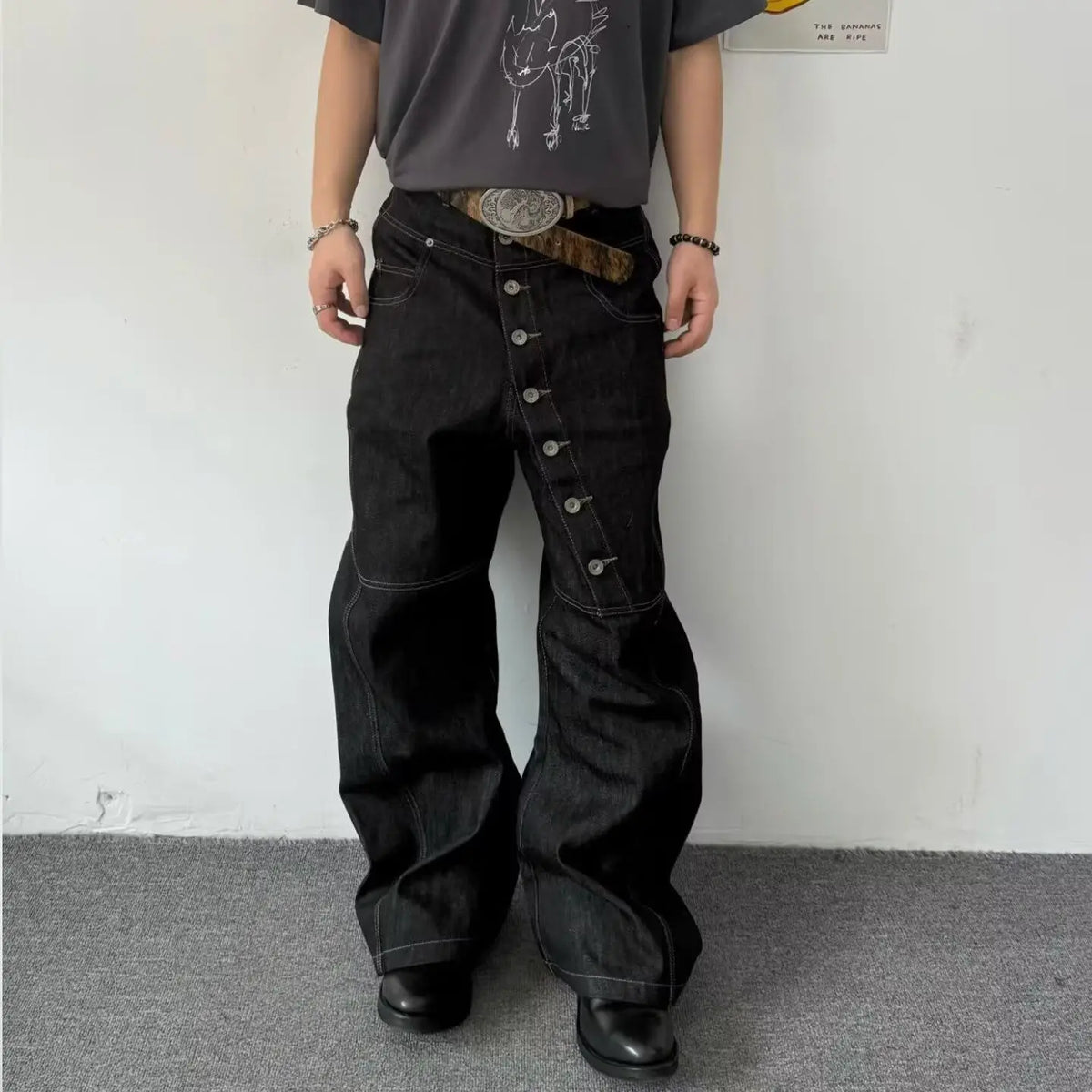 American Retro Long Row Button Design Men's Jeans High Street Loose Wide Leg Floor-Length Trousers Trendy Casual Jeans