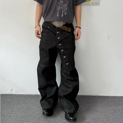 American Retro Long Row Button Design Men's Jeans High Street Loose Wide Leg Floor-Length Trousers Trendy Casual Jeans