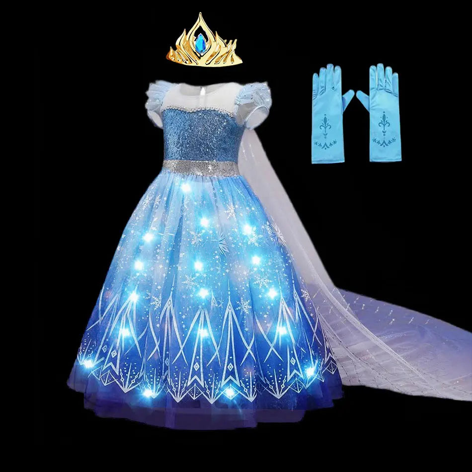 2026 Disney Elsa Costume for Girls Light-Up Frozen Snow Queen Dress With LED Lights Fancy Frock for Kids Birthday Party Set