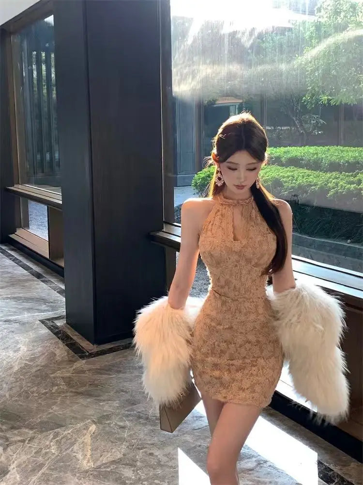 French Sexy Lace Hollow-out Halter Dress Elegant and Fashion Waist-cinching Slim-fit Bodycon Mini Skirt