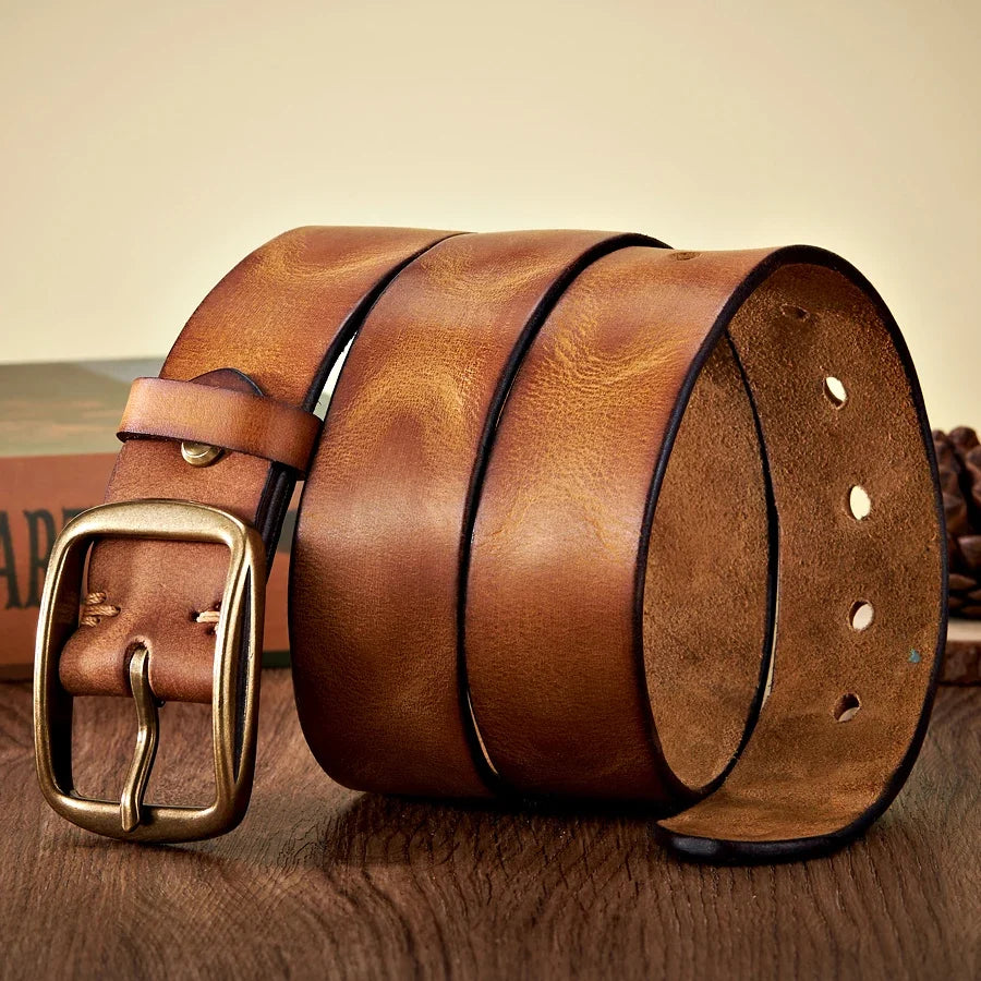 3.8CM Real Genuine Thick Leather Belt Cowhide Copper Pin Buckle Casual Jeans Belt Men High Quality Retro Cowboy Belt Male Strap