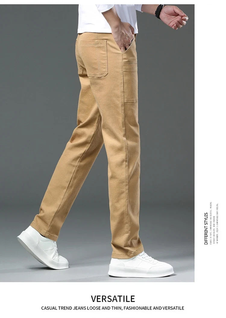 Spring and Autumn Men's Multi-Pocket Design Jeans Fashionable and Versatile White Khaki Red Comfortable Stretch Denim Pants