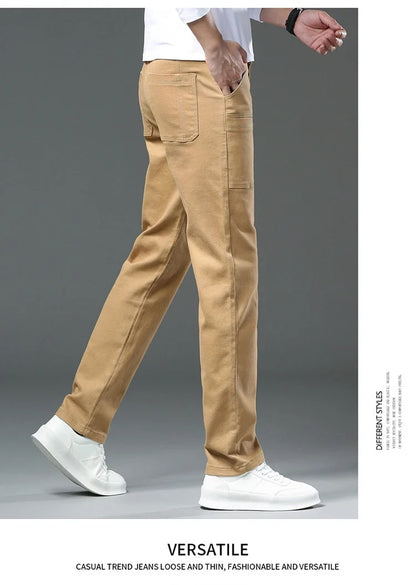 Spring and Autumn Men's Multi-Pocket Design Jeans Fashionable and Versatile White Khaki Red Comfortable Stretch Denim Pants
