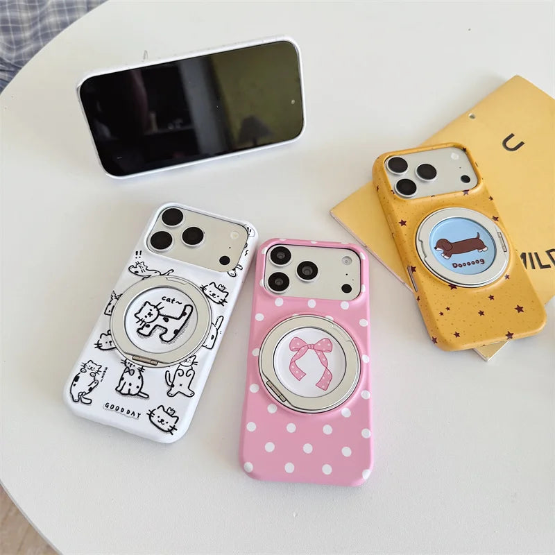Pink Polka Dot Bow Phone Case For iPhone 17 16 15 Pro Max Cute Soft Shockproof Cover With 360°  Ring Stand Camera Protect