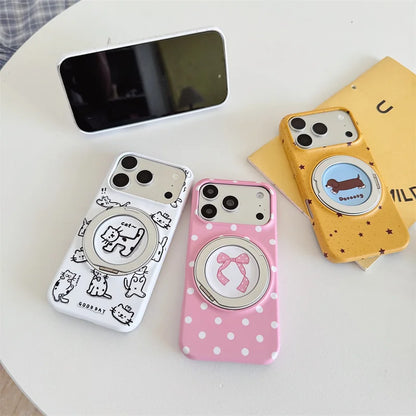 Pink Polka Dot Bow Phone Case For iPhone 17 16 15 Pro Max Cute Soft Shockproof Cover With 360°  Ring Stand Camera Protect