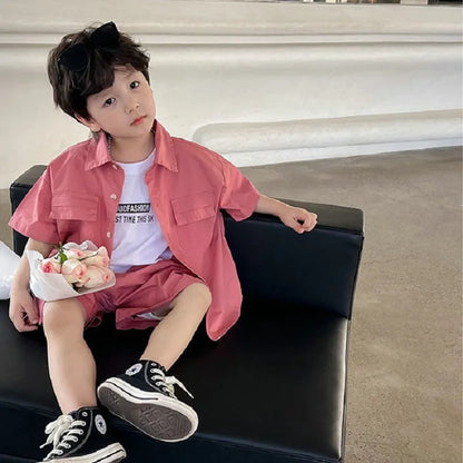 Summer Baby Boys Cotton Stylish Plain Pink Short Sleeve Shirt Top+Shorts Pant Set Kids 2PCS Suit Children Vacation Outfit 1-8Yr