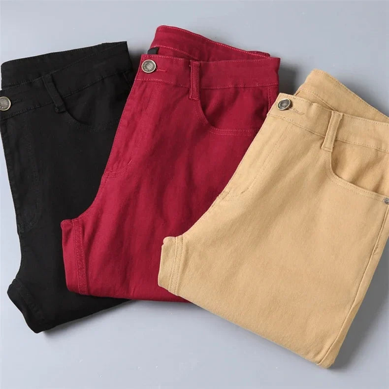 Brand Classic Style Men's Wine Red Jeans Fashion Business Casual Straight Denim Stretch Trousers Male Denim Pants Korean reviews