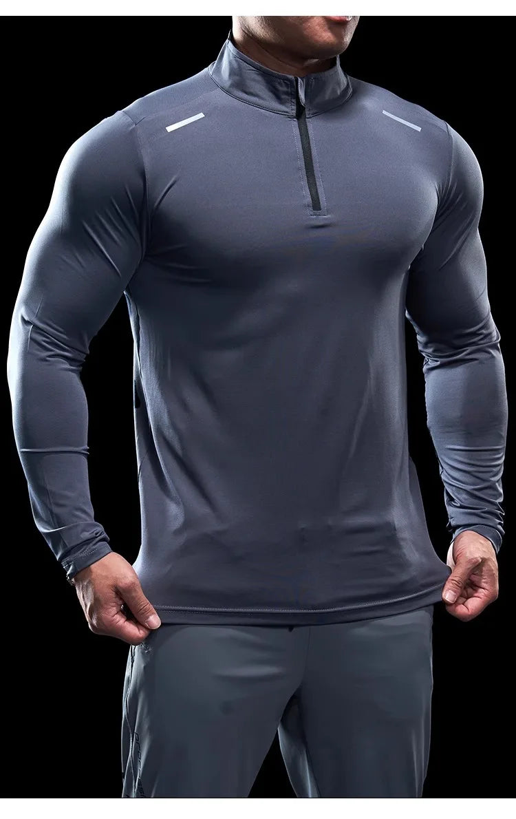 Men Stand Collar Zipper T-shirt Gym Running Training Fitness Bodybuilding Sport Top Quality Elastic Long Sleeve Tight Tops Tees