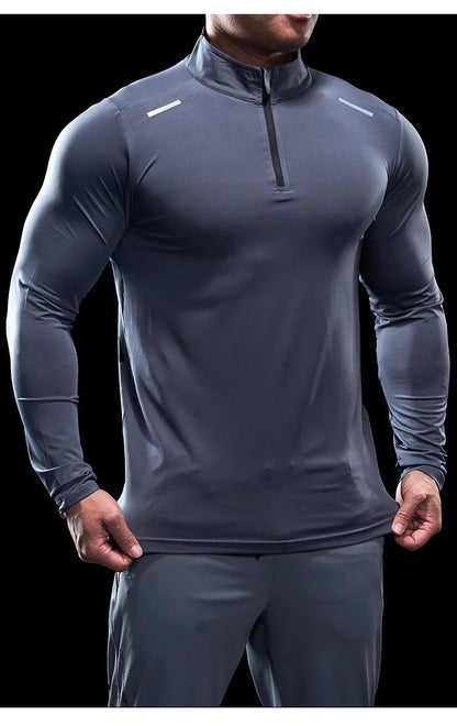 Men Stand Collar Zipper T-shirt Gym Running Training Fitness Bodybuilding Sport Top Quality Elastic Long Sleeve Tight Tops Tees