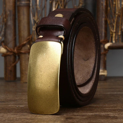 3.3cm Pure Cowskin Men Belt High Quality Genuine Leather Smooth Brass Buckle Strap Male Jeans Luxury Designer Belts for Man
