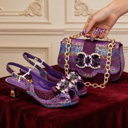 Women Italian Shoes and Matching Bags Sets Decorated with Rhinestone Luxury Designer Shoes Women Pumps for Bride Wedding