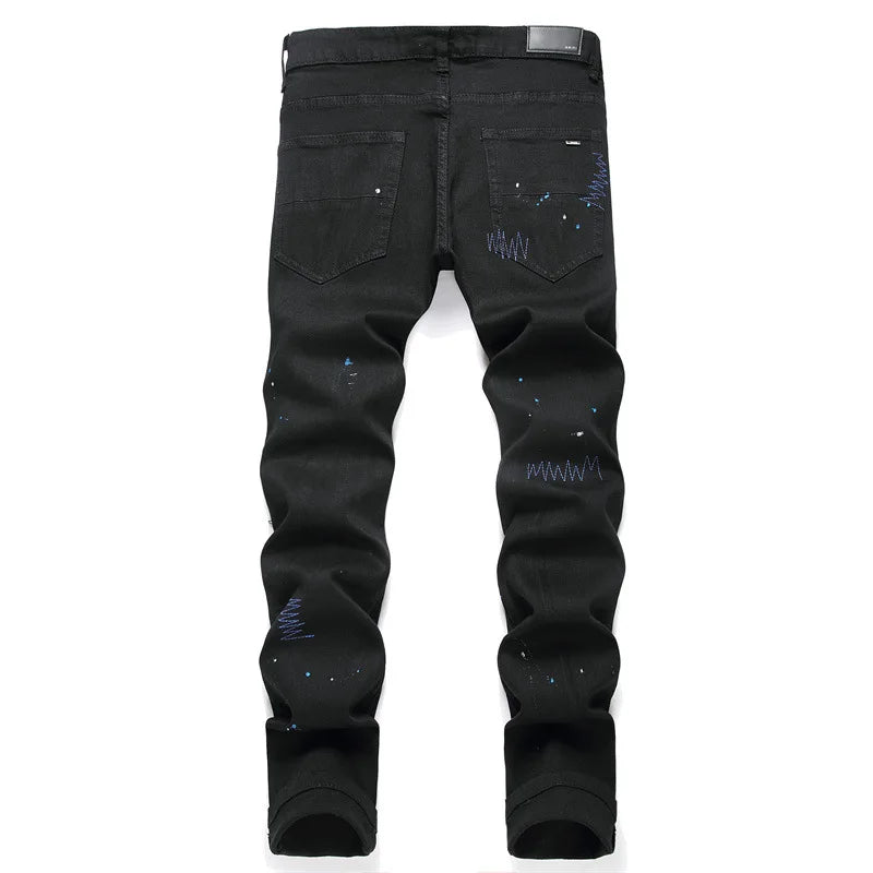 Diamond Cross Jeans Men's Feet Perforated Leather Splice Reflective Shiny Worn Embroidery Pants Silk Lining High Street Luxury 2