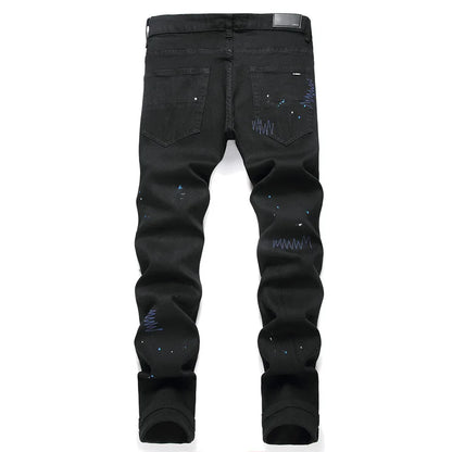 Diamond Cross Jeans Men's Feet Perforated Leather Splice Reflective Shiny Worn Embroidery Pants Silk Lining High Street Luxury 2