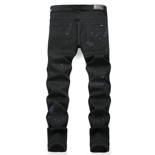 Diamond Cross Jeans Men's Feet Perforated Leather Splice Reflective Shiny Worn Embroidery Pants Silk Lining High Street Luxury 2