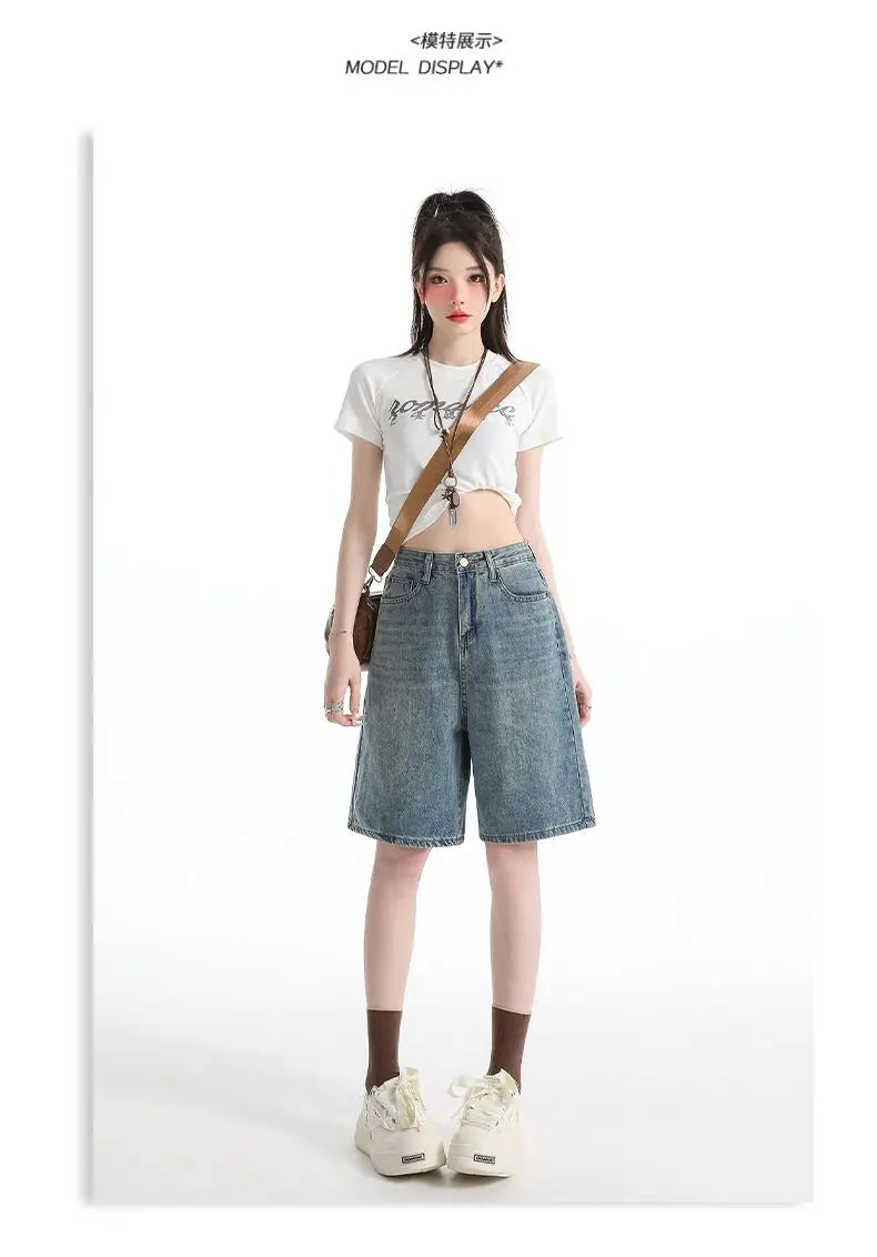 Women's High Waist Wide Leg  Y2K American Retro Washed Five-Point Denim Shorts Summer Loose Slim Straight Cut Mid-Length Pants