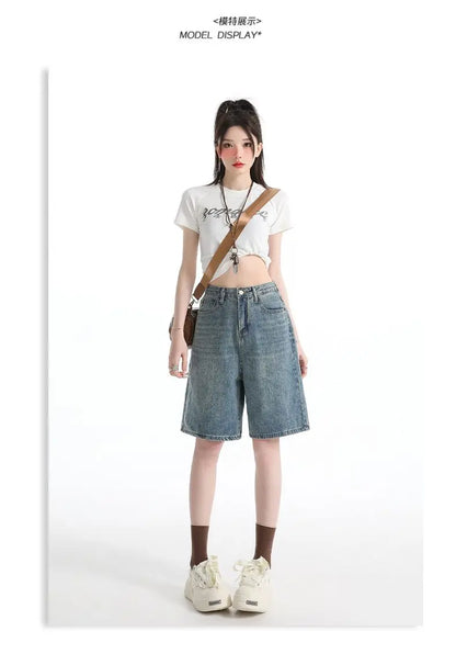 Women's High Waist Wide Leg  Y2K American Retro Washed Five-Point Denim Shorts Summer Loose Slim Straight Cut Mid-Length Pants