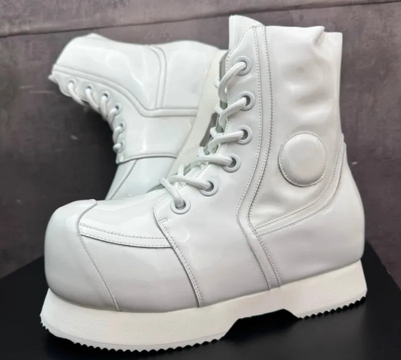 High Street Mens Round Tote High Top Cowhide Genuine Leather Ankle Boots Punk Style Stage Show Shoes Platform Work Safty Shoes