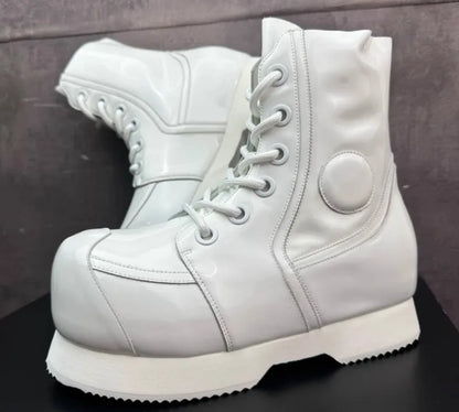 High Street Mens Round Tote High Top Cowhide Genuine Leather Ankle Boots Punk Style Stage Show Shoes Platform Work Safty Shoes