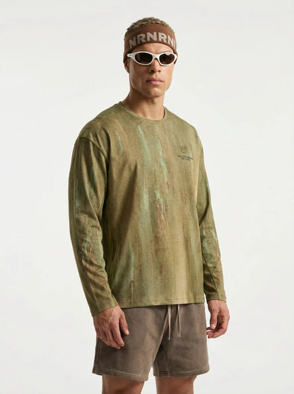 Men's Wasteland Style Long Sleeve T-Shirt - Distressed Digital Print & Loose Elastic Fit Casual Top Unisex